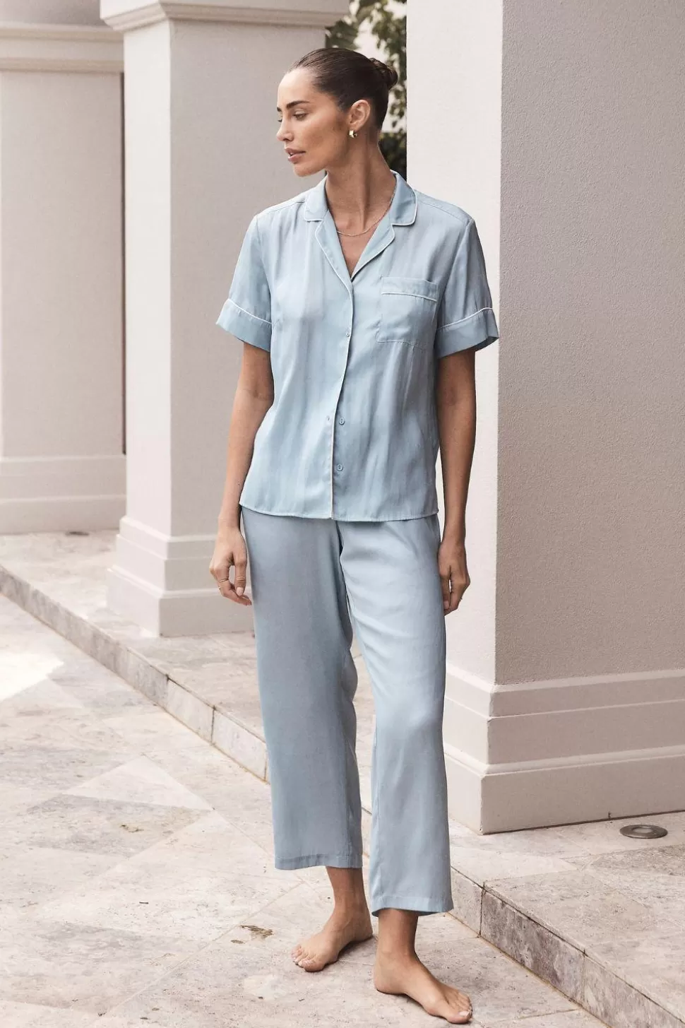 Gingerlily Sale | Pyjama Sets-Aileen Blue Satin Crop Pant PJ