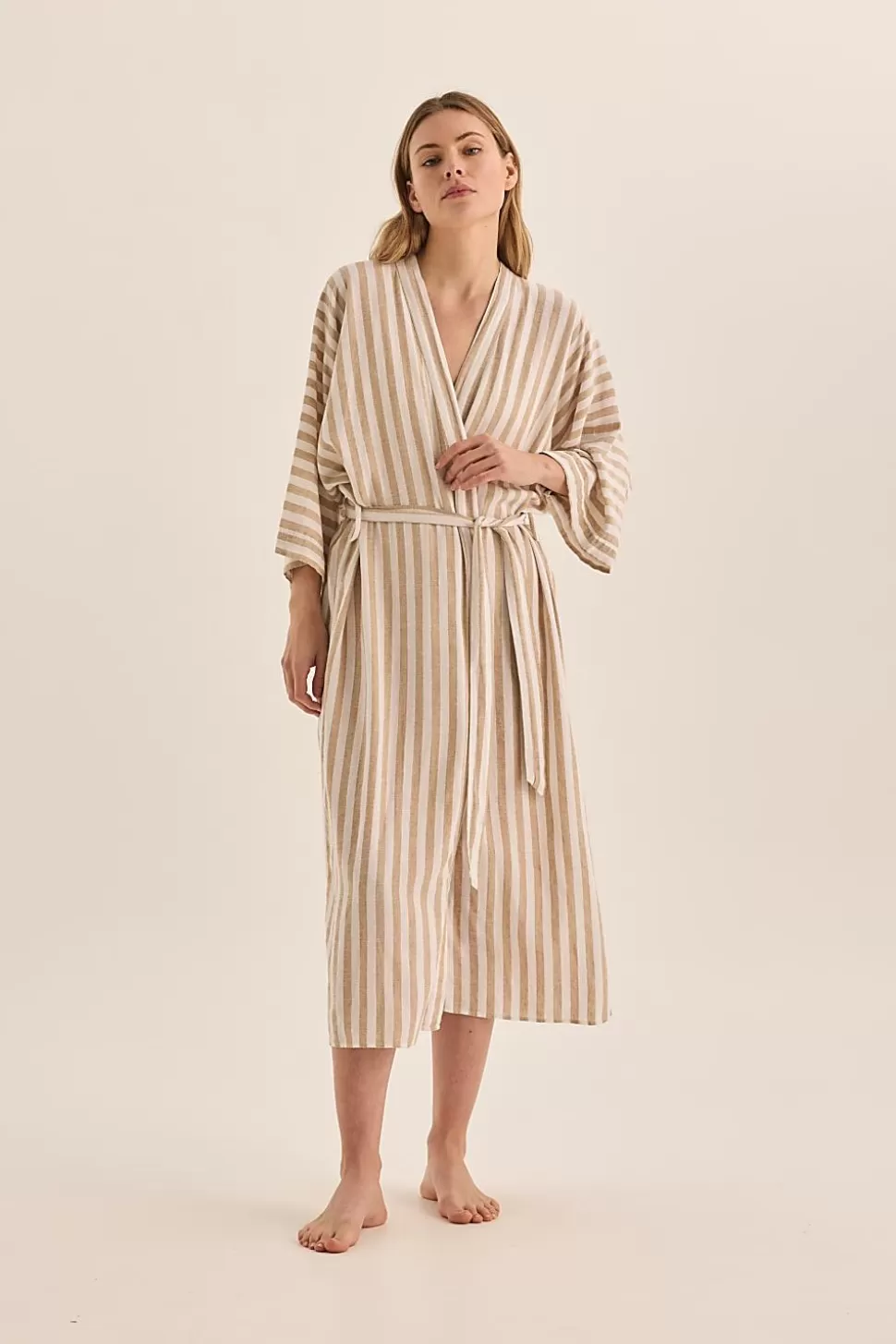 Gingerlily Resortwear | Robes-Sunny Natural Stripe Linen Robe