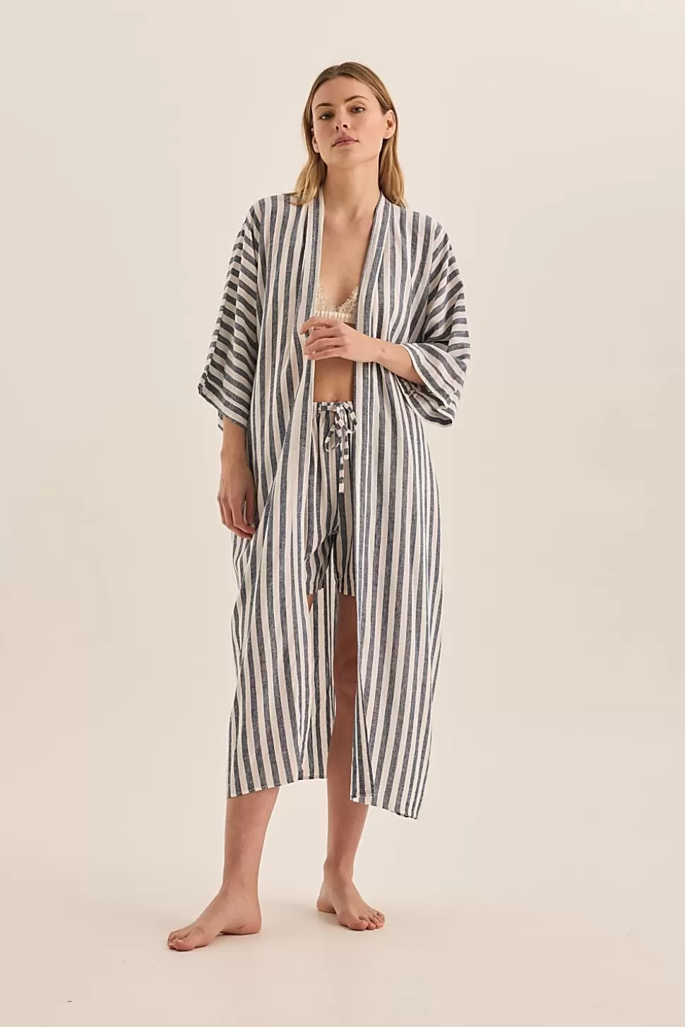 Gingerlily Resortwear | Robes-Sunny Navy Stripe Linen Robe