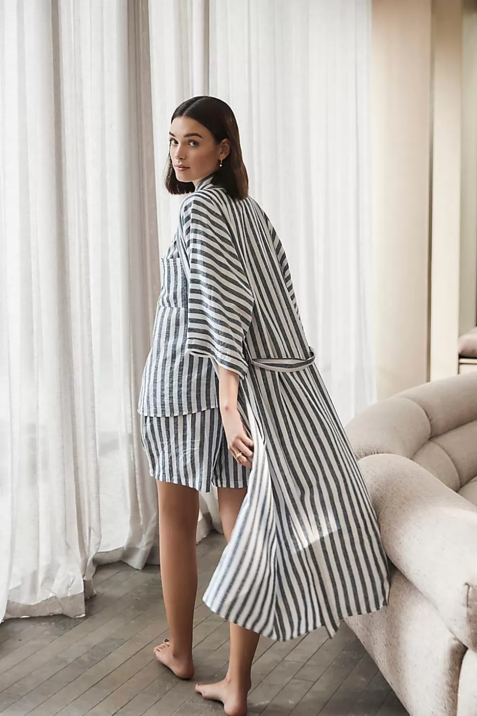 Gingerlily Resortwear | Robes-Sunny Navy Stripe Linen Robe