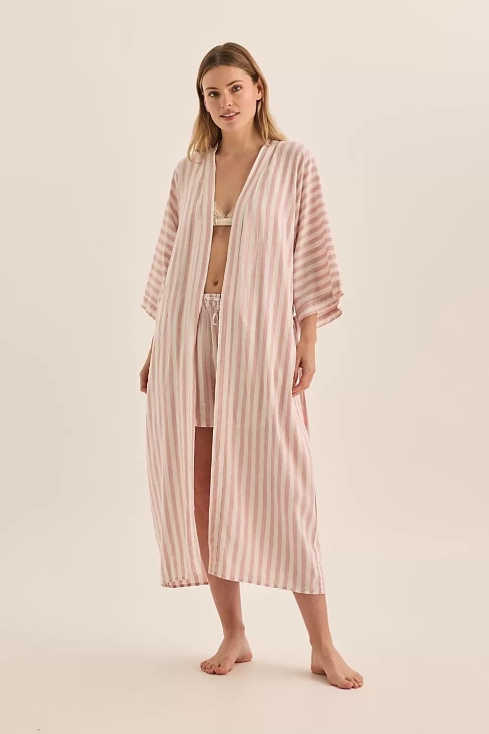 Gingerlily Resortwear | Robes-Sunny Pink Stripe Linen Robe