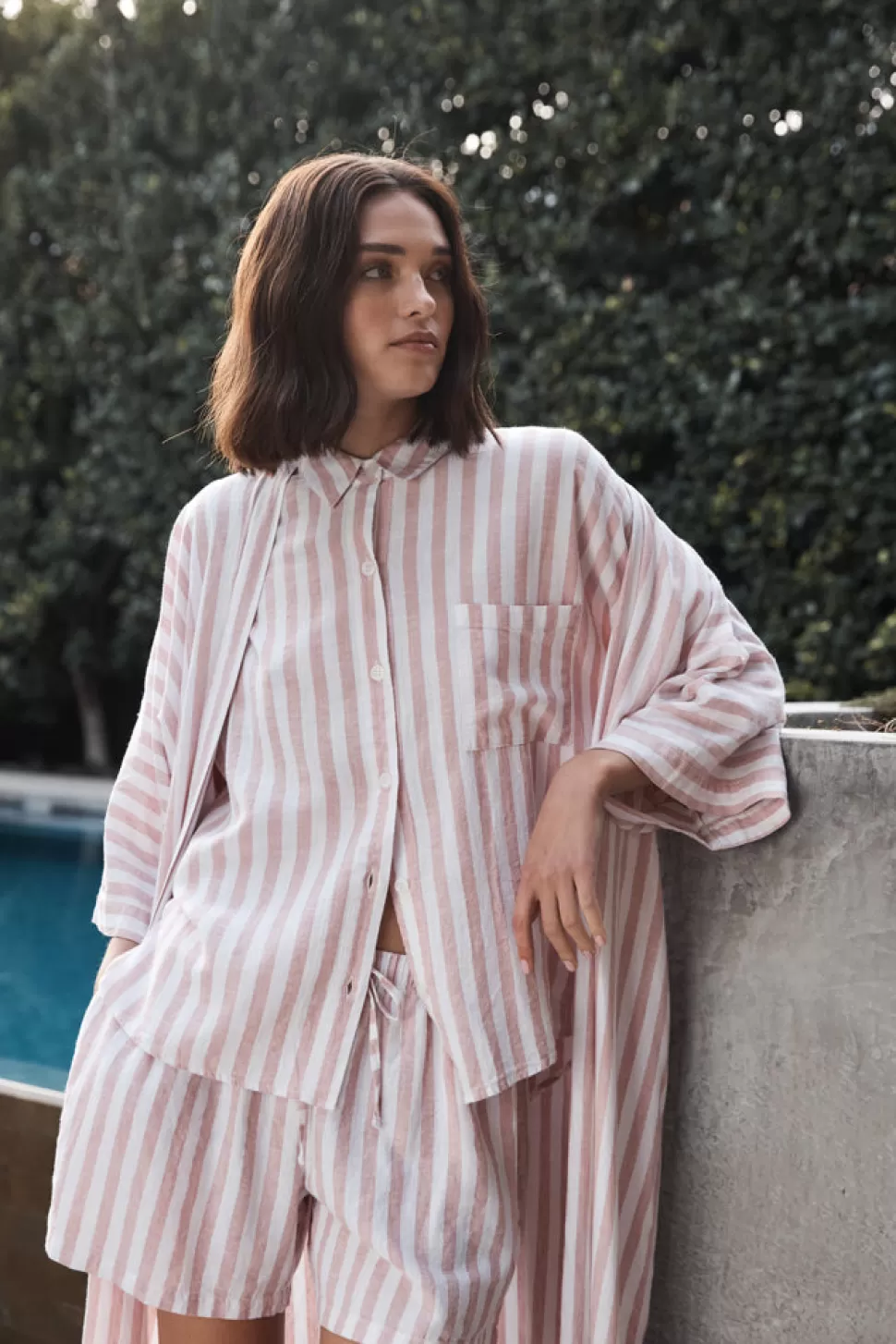 Gingerlily Resortwear | Robes-Sunny Pink Stripe Linen Robe