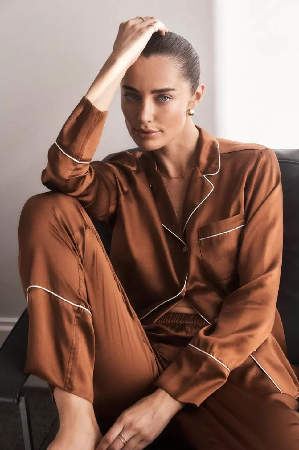 Gingerlily Sale | Pyjama Sets-Titiana Brown Satin Long PJ