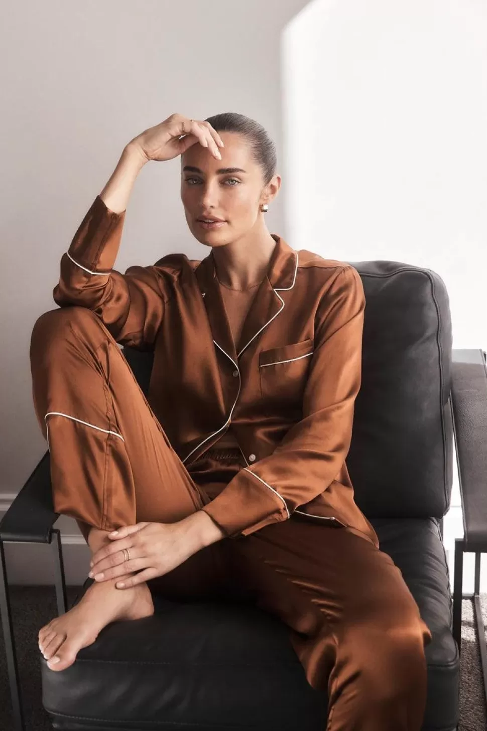 Gingerlily Sale | Pyjama Sets-Titiana Brown Satin Long PJ